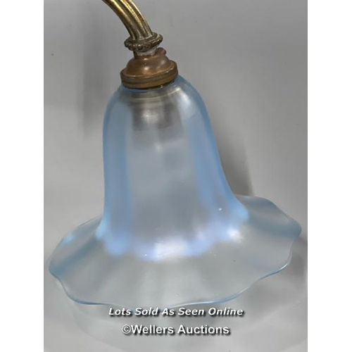 64 - Ornate brass wall light with blue tulip style shade, 31cm long  / AN12