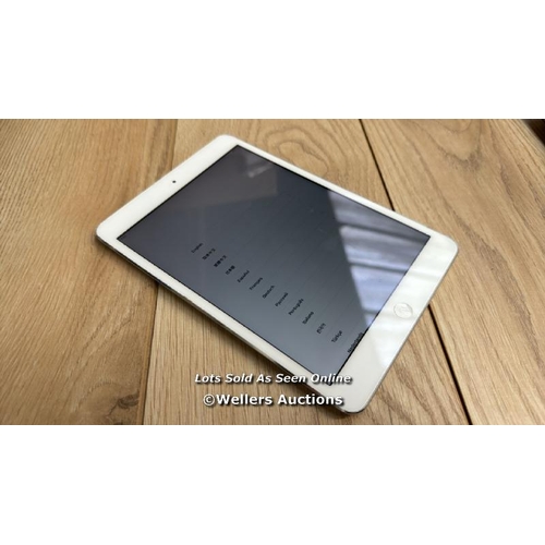 2016 - APPLE IPAD MINI 2 / A1489 / SILVER / 16GB / SERIAL NO. DQTP3VBPFCM8  / I-CLOUD LOCKED