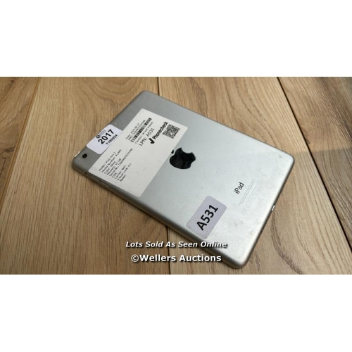 2017 - APPLE IPAD MINI 2 / A1489 / SILVER / 16GB / SERIAL NO. DQVNQ702FCM8  / I-CLOUD LOCKED / SCREEN DAMAG... 