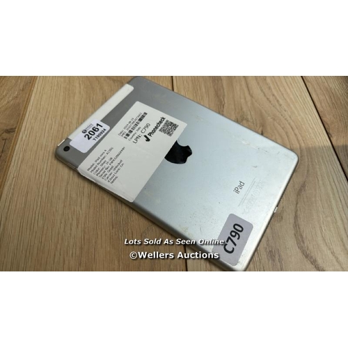 2061 - APPLE IPAD MINI 4 / A1550 / SILVER / 16GB / SERIAL NO. F9FR32B6GHMH  / I-CLOUD LOCKED