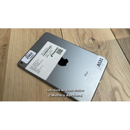 2062 - APPLE IPAD MINI 4 / A1538 / SPACE GREY / 32GB / SERIAL NO. F9FSK01FHFJ1  / I-CLOUD LOCKED / DAMAGED ... 