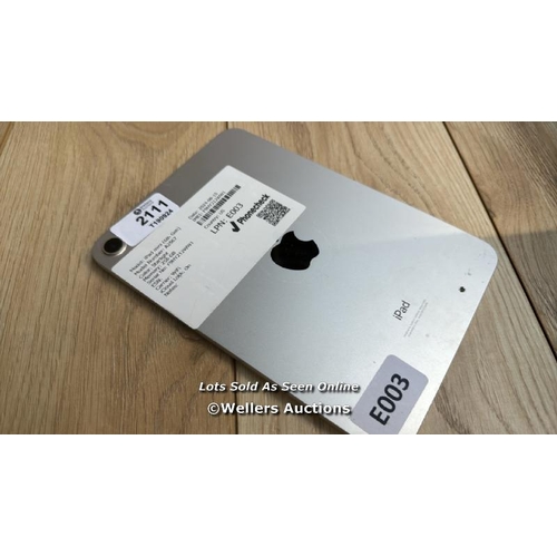 2111 - APPLE IPAD MINI 6 / A2567 / STARLIGHT / 256GB / SERIAL NO. F9HY212WW1 / I-CLOUD LOCKED / DAMAGED POW... 