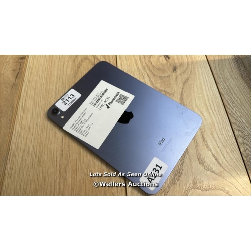 2113 - APPLE IPAD MINI 6 / A2567 / PURPLE / 64GB / SERIAL NO. TCWQWCV4Y6 / I-CLOUD LOCKED