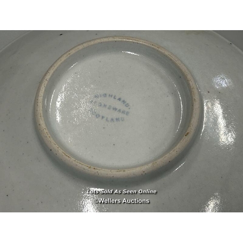 70 - Highland stoneware fruit bowl, 30cm diameter with a two small glass dishes / AN13