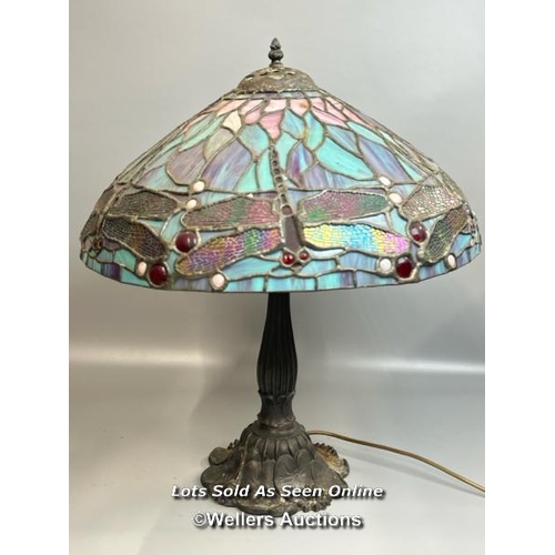 75 - A large Tiffany style stained glass, leaded lamp shade on metal base. Lamp shade decorated with Drag... 