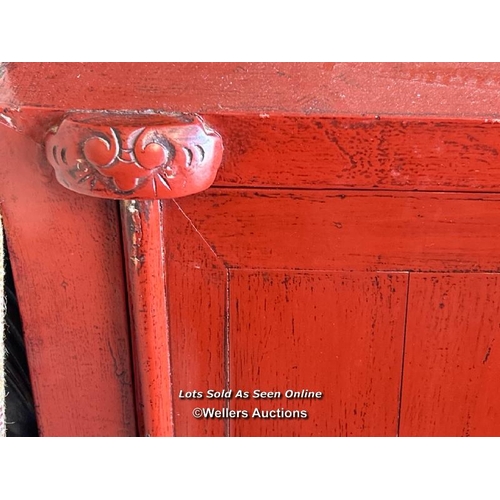 85 - Oriental style two door cabinet with carved finials, 77 x 74 x 49cm