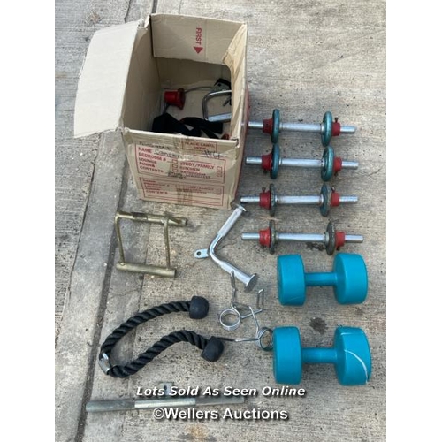 16 - Job lot of assorted gym equipment attachments and accessories incl. weights, tricep pulldown rope an... 