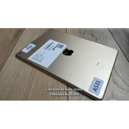 2167 - APPLE IPAD AIR 2 / A1566 / 128GB / GOLD / SERIAL NO. DLXNK4U4G5W3 / I-CLOUD LOCKED / SCREEN DAMAGE