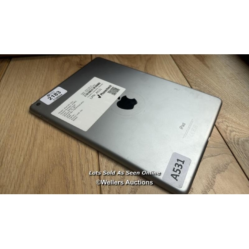 2183 - APPLE IPAD 6 / A1893 / 32GB / SPACE GREY / SERIAL NO. F9FWTEGCJF8J / I-CLOUD LOCKED / E85