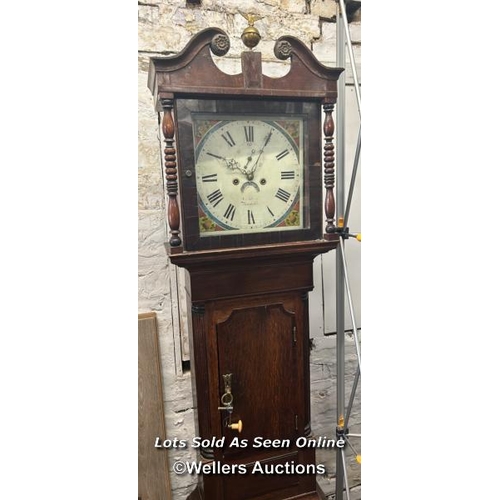 102 - Antique grandfather clock with hand painted enamel face, weights, pendulum and key. Mahogany case wi... 