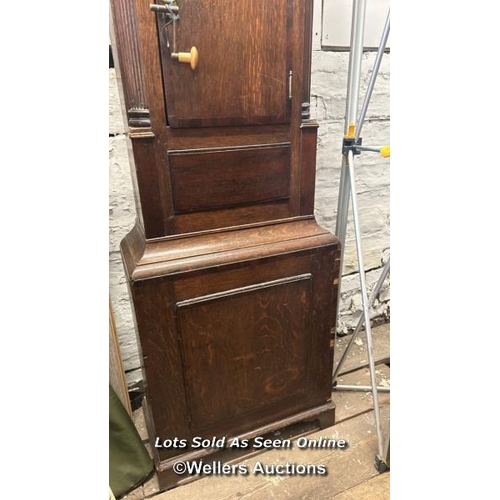 102 - Antique grandfather clock with hand painted enamel face, weights, pendulum and key. Mahogany case wi... 