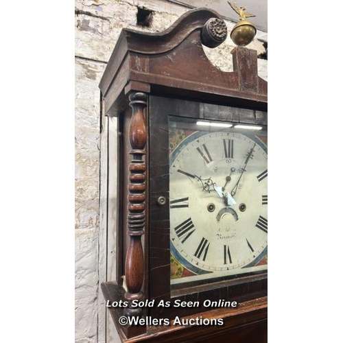 102 - Antique grandfather clock with hand painted enamel face, weights, pendulum and key. Mahogany case wi... 