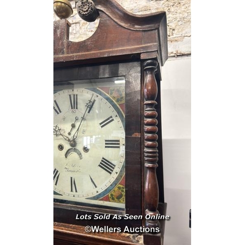 102 - Antique grandfather clock with hand painted enamel face, weights, pendulum and key. Mahogany case wi... 