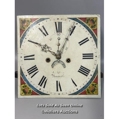 102 - Antique grandfather clock with hand painted enamel face, weights, pendulum and key. Mahogany case wi... 