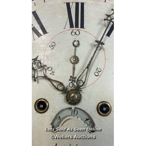 102 - Antique grandfather clock with hand painted enamel face, weights, pendulum and key. Mahogany case wi... 