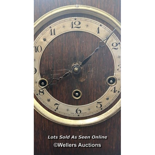 103 - Oak cased Grandmother clock with carved decoration, 13cm clock face, 129 x 28 x 5cm, damaged glass, ... 