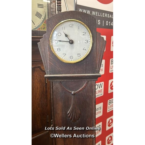 104 - Art deco style oak grandmother clock case with battery power clock, 157 x 29 x 18cm / AN16