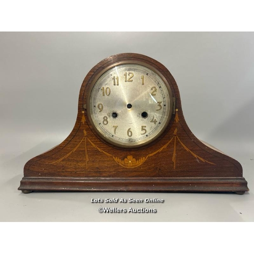 105 - Inlaid mahogany mantle clock for spares and repairs, 26.5 x 44 x 13cm / AN17