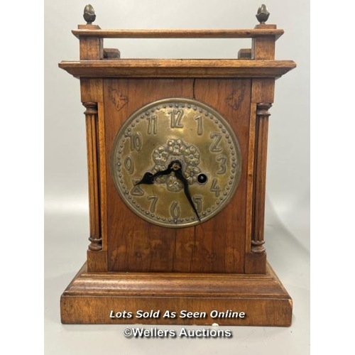 107 - Arts and crafts mantle clock with Hamburg American Clock Co. (HAC) stamp on movement. Brass clock fa... 