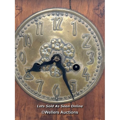 107 - Arts and crafts mantle clock with Hamburg American Clock Co. (HAC) stamp on movement. Brass clock fa... 