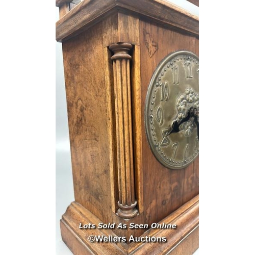 107 - Arts and crafts mantle clock with Hamburg American Clock Co. (HAC) stamp on movement. Brass clock fa... 