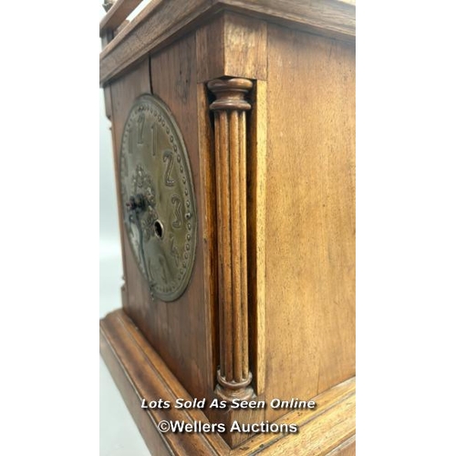 107 - Arts and crafts mantle clock with Hamburg American Clock Co. (HAC) stamp on movement. Brass clock fa... 