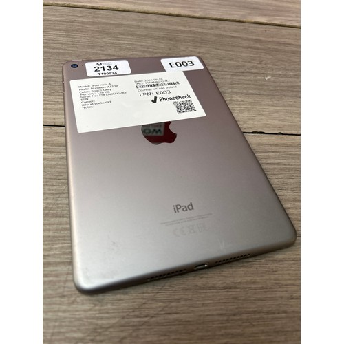 2134 - I-CLOUD UNLOCKED: APPLE IPAD MINI 4 / A1538 / 128GB / SPACE GREY / SERIAL NO. F9FXN85FGHKJ