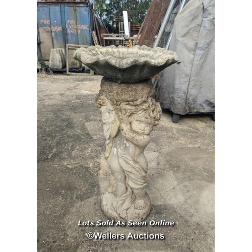 42 - w0064 Two reconstituted stone cherub birdbaths, H: 64cm x W: 32cm