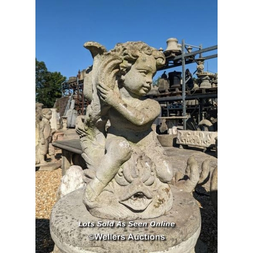 54 - f0123 Reconstituted stone boy on dolphin, H: 50cm