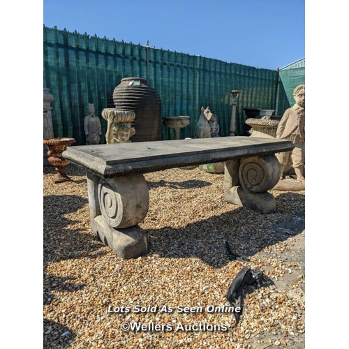 58 - m0120 Large reconstituted stone bench, H: 51cm x W: 145cm x D: 50cm