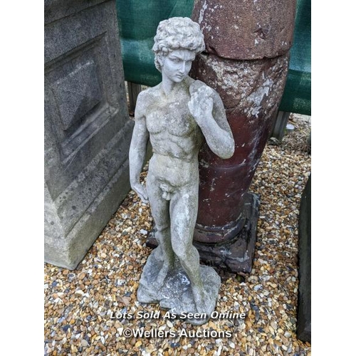 70 - F0121 Small reconstituted stone David, H:57cm x W:18cm x D:15cm