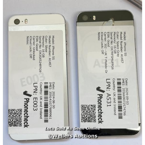 8201 - 2 X APPLE IPHONE 5S / SILVER & SPACE GREY / 16GB / SERIAL. NO. DXSX524FFG9 & DX7RFSMUFFG8 / I-CLOUD ... 