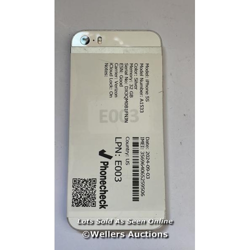 8205 - 2 X APPLE IPHONE 5S / SILVER & GOLD / 16GB & 32GB / SERIAL. NO. DX3RM3A1FRC6 & DX3QM0B1FNJN / I-CLOU... 