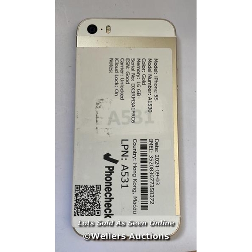 8205 - 2 X APPLE IPHONE 5S / SILVER & GOLD / 16GB & 32GB / SERIAL. NO. DX3RM3A1FRC6 & DX3QM0B1FNJN / I-CLOU... 