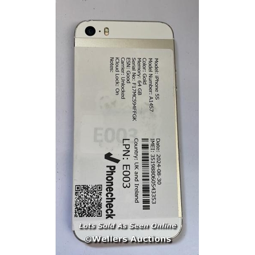 8206 - 2 X APPLE IPHONE 5S / SPACE GREY & GOLD / 64GB / SERIAL. NO. C39LD7SEFFFQ & F17MC594FFGK / I-CLOUD L... 