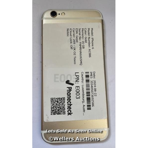 8207 - 2 X APPLE IPHONE 6 / SILVER & GOLD / 16GB / SERIAL. NO. FNMRHA6UG5MQ & C7KNKD1UG5MP / ONE I-CLOUD LO... 