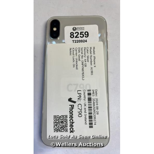 8259 - APPLE IPHONE X / SILVER / 64GB / SERIAL. NO. DNPYN87BJCLJ / ICLOUD LOCKED