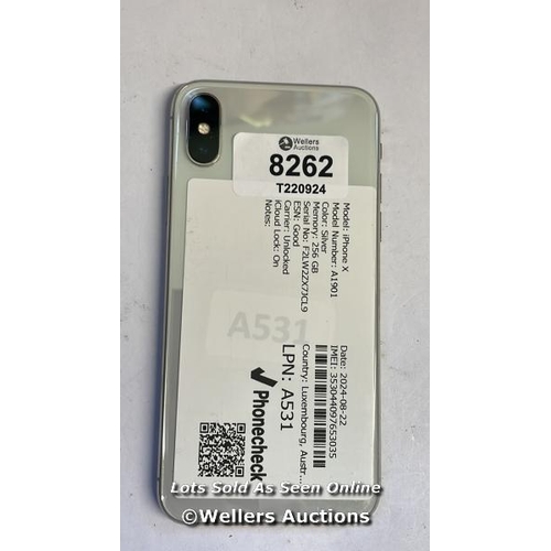 8262 - APPLE IPHONE X / SILVER / 256GB / SERIAL. NO. F2LW2ZX7JCL9 / ICLOUD LOCKED