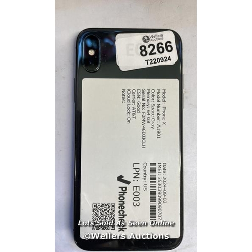 8266 - APPLE IPHONE X / SPACE GREY / 64GB / SERIAL. NO. F2MW46DJJCLH / ICLOUD LOCKED