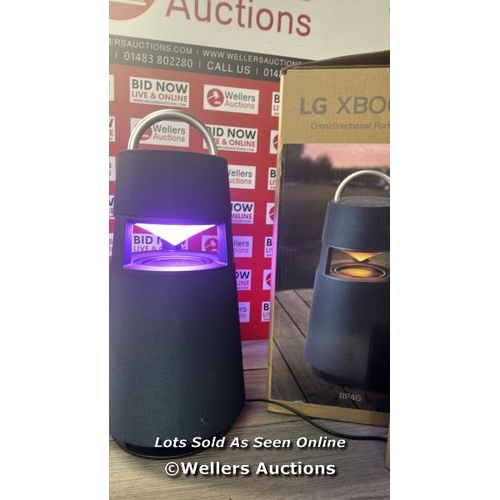 8589 - LG XBOOM 360 WIRELESS SPEAKER / POWERS UP / MINIMAL SIGNS OF USE / CONNECTS TO BLUETOOTH