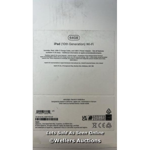 8716 - APPLE IPAD 10TH GEN / 10.9 INCH / WIFI / 64GB / BLUE /MPQ13B/A / POWERS UP / APPEARS NEW OPEN BOX / ... 