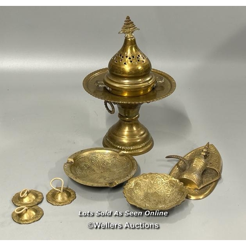 134 - Brassware including incense burner, finger cymbals, ashtray and small dish / AN19