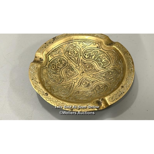 134 - Brassware including incense burner, finger cymbals, ashtray and small dish / AN19