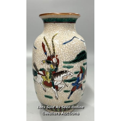 136 - A near pair of crackleware vases decorated with Japanese warriors on horseback, both 19.5cm high / A... 