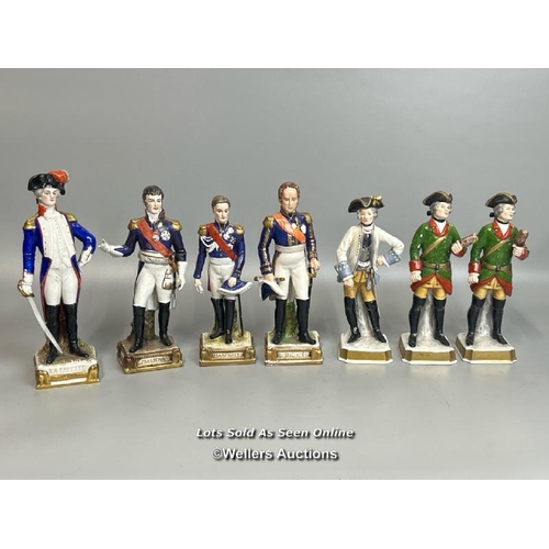 139 - Seven assorted antique military porcelain figurines including Paris Bourdois Bloch figures; Suchet, ... 