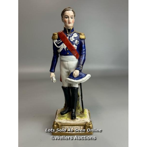 139 - Seven assorted antique military porcelain figurines including Paris Bourdois Bloch figures; Suchet, ... 