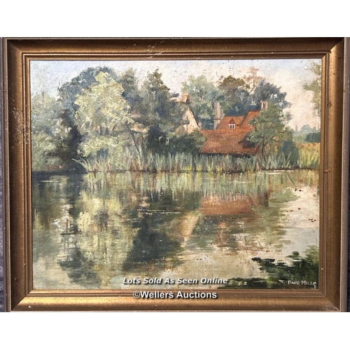 165 - Oil on board painting of pond scene, signed Enid Mills, 49 x 39cm excl. frame (Lot subject to VAT) /... 