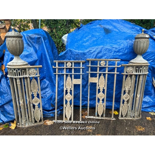 141 - Decorative wrought iron and brass gate parts previously used at Harrods, each set 130 x 90cm