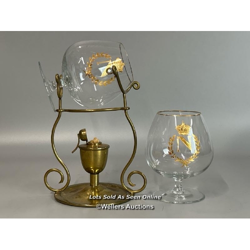 150 - A pair of Baccarat Napoleon cognac glasses with brass warmer / AN24