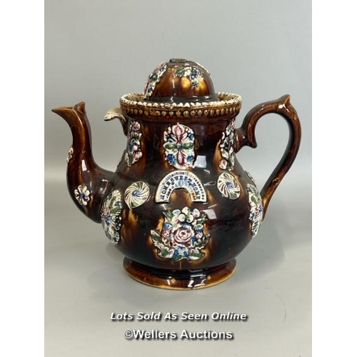 158 - A large vintage bargeware brown glazed teapot, lid missing the handle. 25cm high (Lot subject to VAT... 